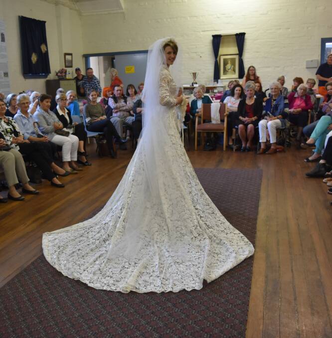 MEMORY LANE: Joy Schultz's wedding gown at the The Rock fashion parade. Joy's mother made.  Picture: Lorri Roden 