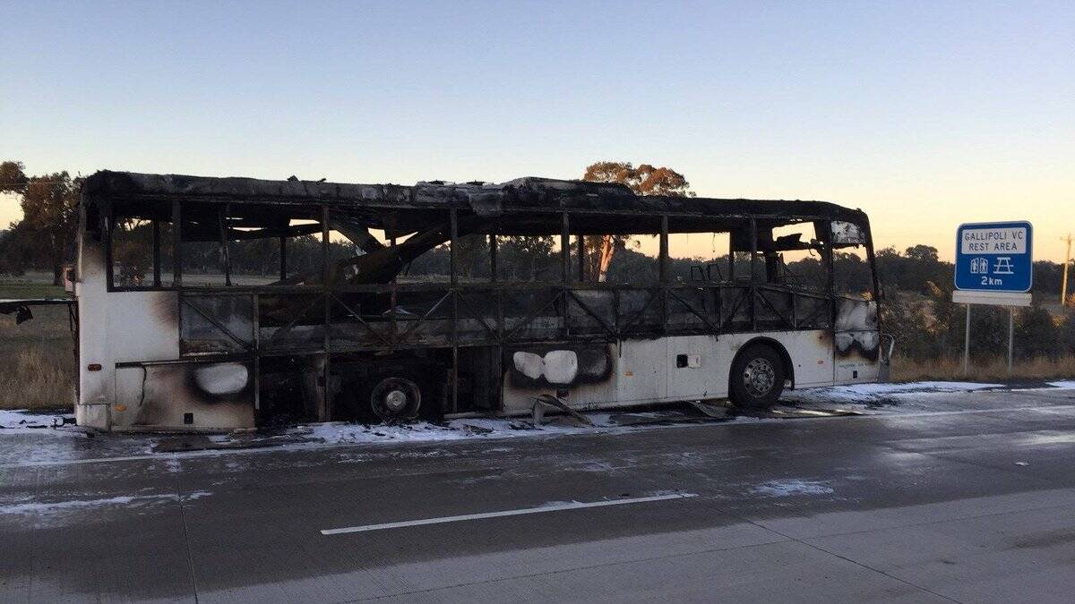 HOLBROOK: A bus fire on the Hume Highway on Monday morning caused one lane of the Hume Highway to be closed. Picture: Live Traffic