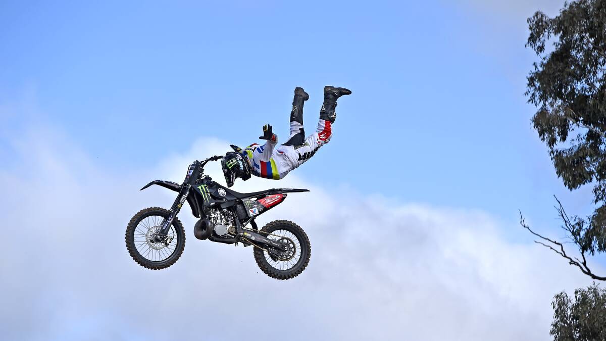 DARE DEVIL: Lockhart's Jackson Strong soars through the air while filming for X Games Real Moto. Picture: AME Management