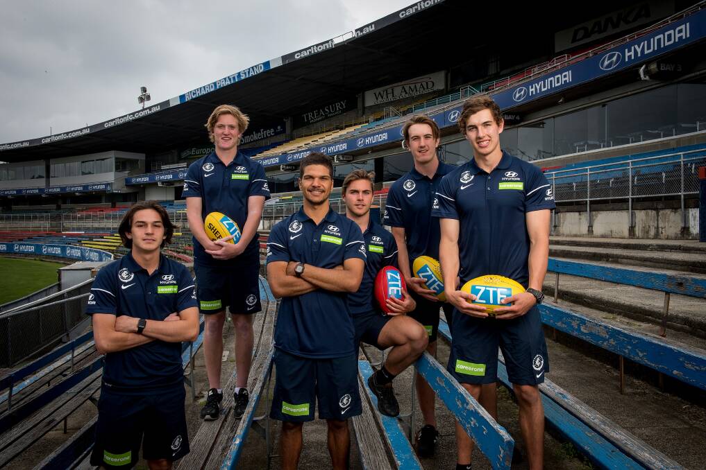NEW FACES: Harrison Macreadie (second from right) with Carlton's other draftees Zac Fisher, Patrick Kerr, Sam Petrevski-Seton, Cam Polson and Tom Williamson at Ikon Park. Picture: Jesse Marlow
