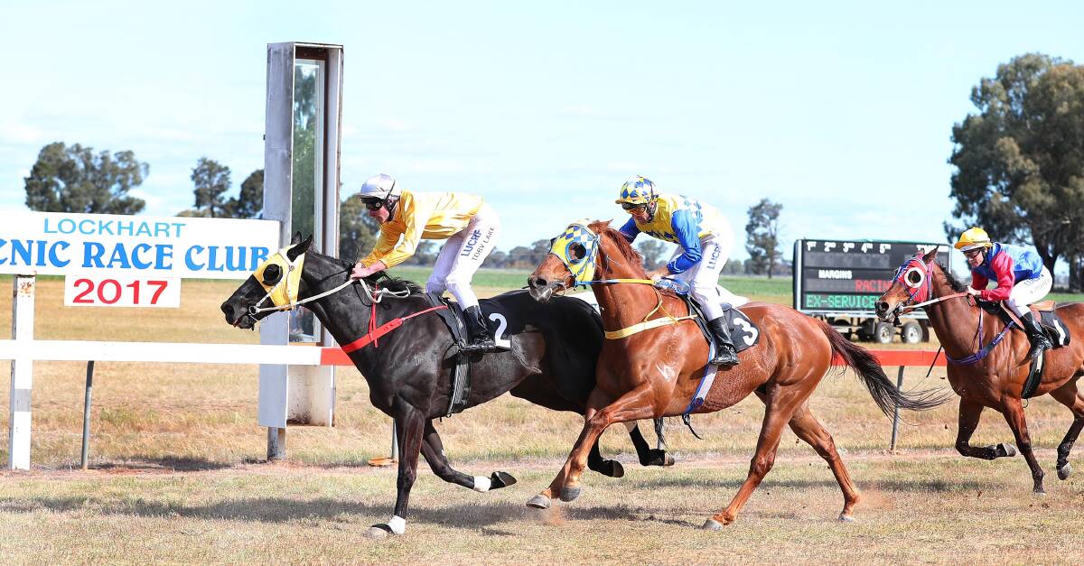 CUP VICTORY: Jockey Toby Lake guides Black Fusion to victory in the feature event at Friday's Lockhart Picnic Races. Picture: Kieren L Tilly