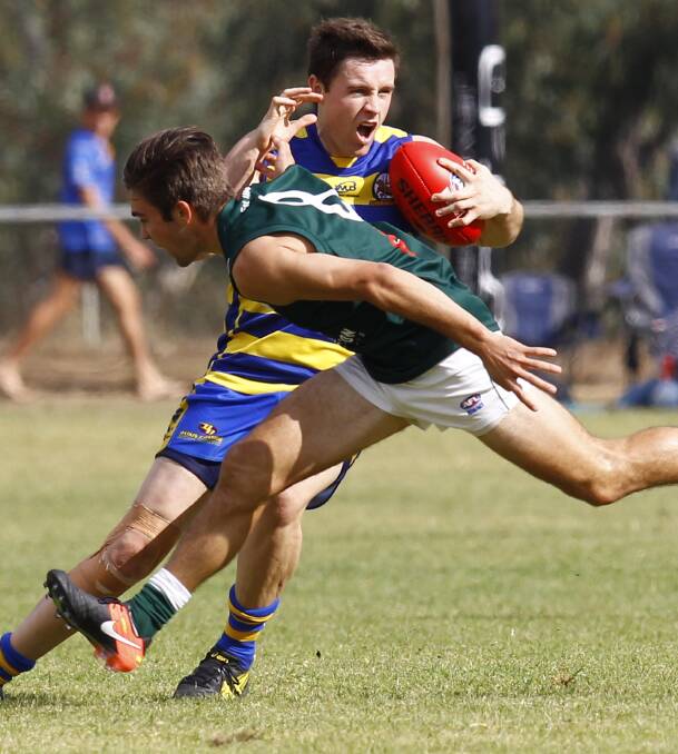 EXCITED: Jordan Foster, in action against Coolamon earlier this year, will get his first taste of the Goannas' rivalry with Collingullie-Glenfield Park on Saturday.