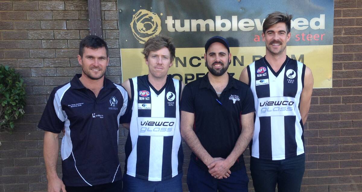 NEW PIES: Recruits Tim Sullivan (second from left) and Lachie Hunter road test TRYC colours, alongside coach Tom Yates (left) and sponsor Talan Ratcliff from The Red Steer.