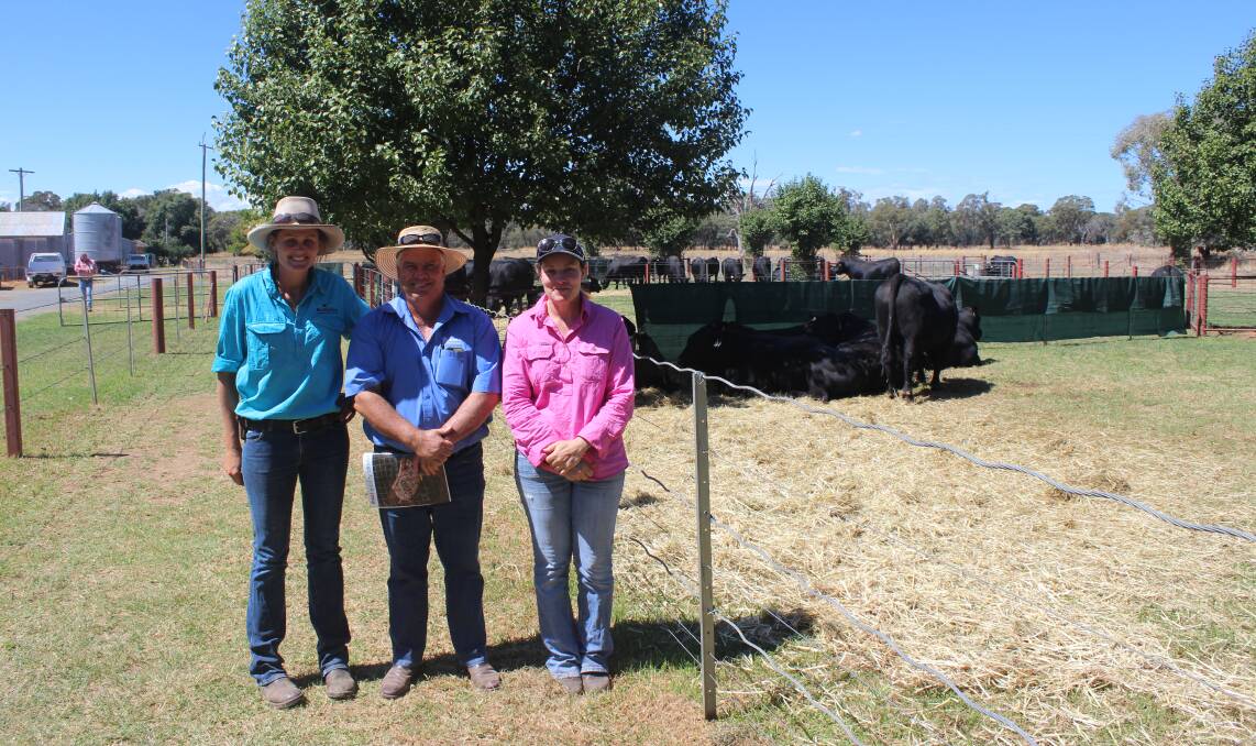 SALE DAY: Ruth Corrigan "Rennylea" with Jamie Beckangsale, Rodwells Mansfield, and Kath Smith "Sparcorp" Mansfield, who bought top-price bull Rennylea L907 for $15000.