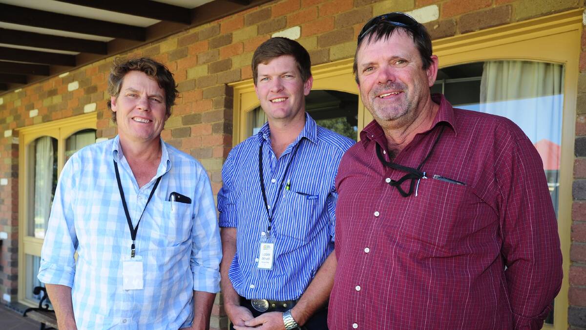 MEET: Andrew Bouffler from Trigger Vale white suffolk stud at Lockhart with Logan Dennis and Mark Dennis, Kurrabai Park stud in Port Lincoln, at a Wagga last week.