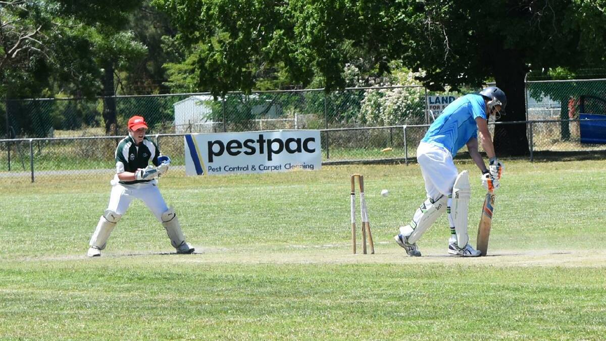 HIT EM: Todd Hannam, TRYC,  at bat against Holbrook's Tom Heriot and bowler Jim Grills. TRYC won by 36 runs at Holbrook Sportsground. Picture: Lorri Roden