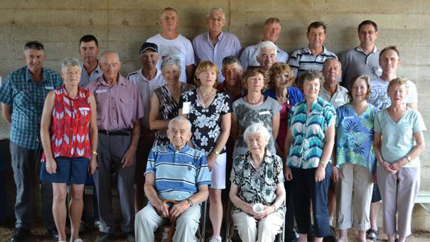 Lubke family reunion in 2013.
Back row, L-R: Graham Klemke, John Bahr, Ivan Stoll Col Wiese and Brian Wiese. Middle row, L-R: Evan Klemke, Nola Bryant, James Fromm, Elmore Stoll, Kerry Bahr, Colleen McRae, Rhonda Hartley, Dennis Lubke, Carol Stroh, Peter Bahr, Delma Davidson, Sheryl Parsons, Neville Wiese, Lois Bany, Andrew Lubke and Elsa Bland. Front row: David Lubke and Elva Bahr.