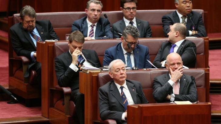 Back to school: While Derryn Hinch takes a nap (top left), David Leyonhjelm yawns (bottom right). Photo: Andrew Meares