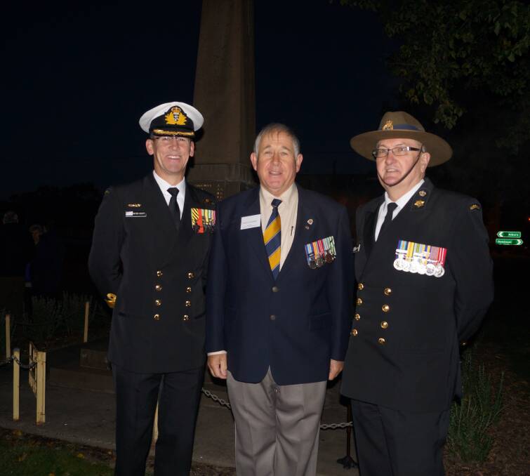Left to right: Commodore Peter Scott, David Hocking and Chief Petty Officer Morrie Jeppesen. 