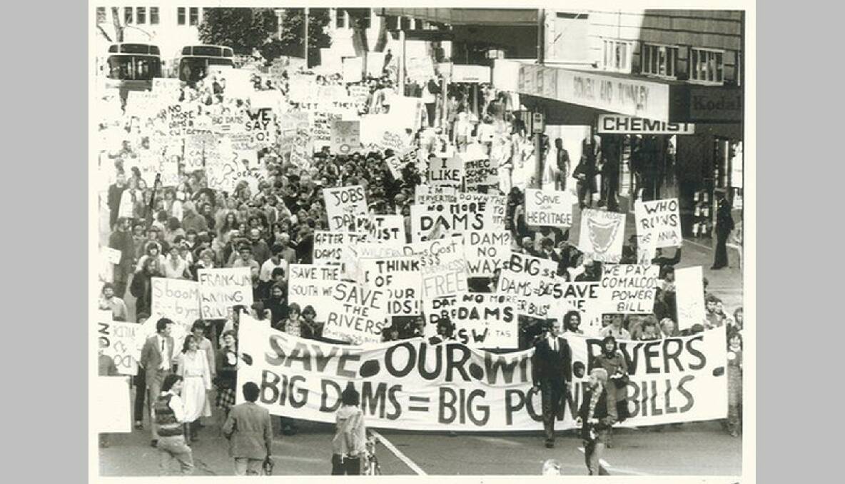 Pro-wilderness demonstrators marching through the city of Hobart opposing dams in 1981.