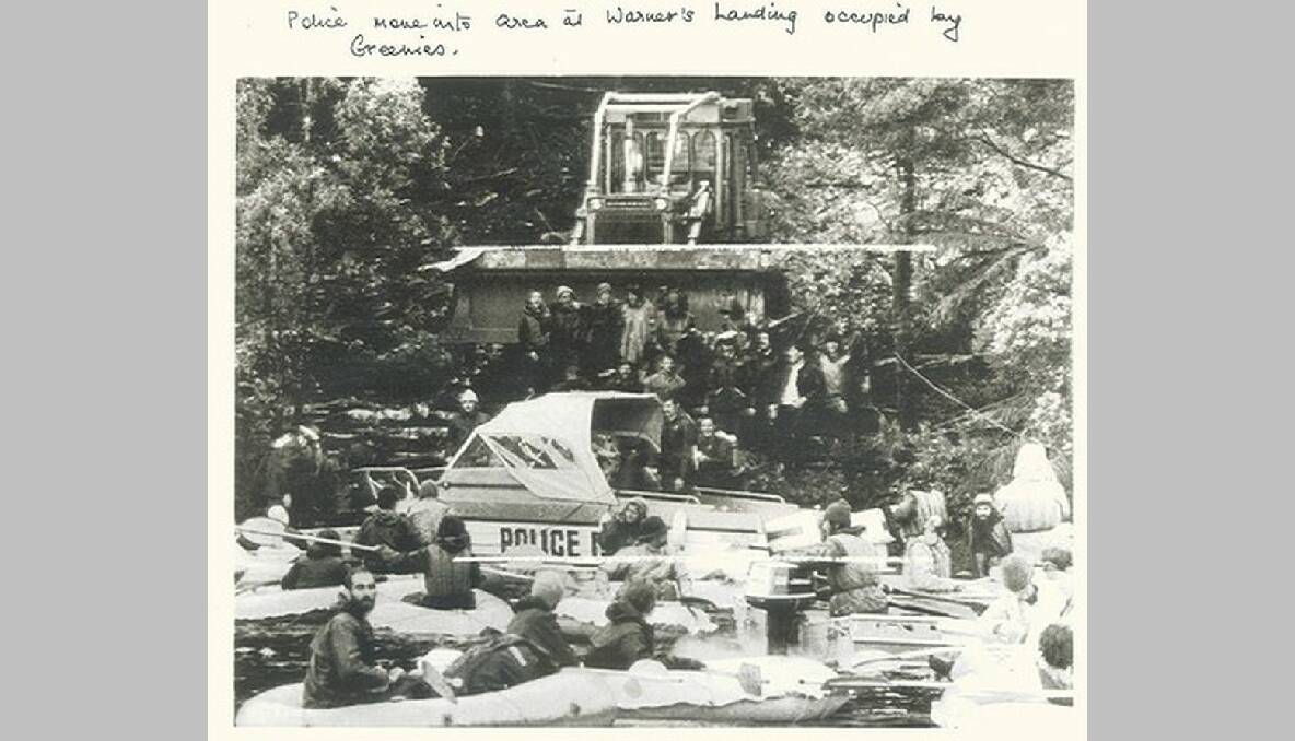 Franklin River protest with canoes and bulldozer, 1983.