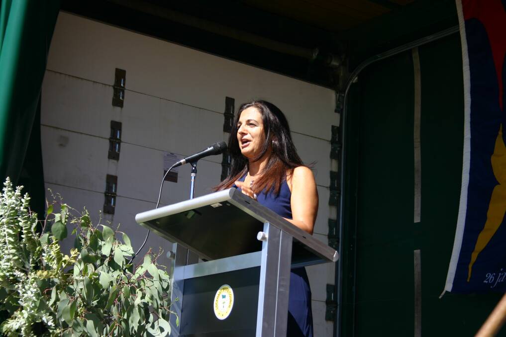 Australia Day ambassador Liz Deep-Jones addresses the crowd at the Lockhart Recreation Ground.