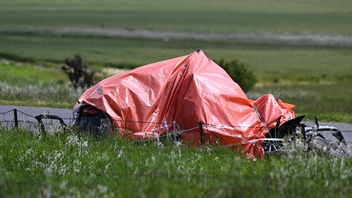 The wreck of the car where three people, including a three-year-old boy were killed at Stoneleigh after a crash with a truck on Tuesday, November 11, 2025. Picture by Lachlan Bence