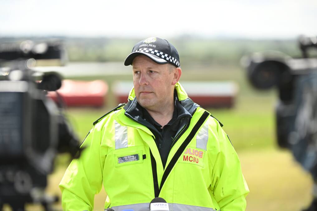 Major Collision Investigation Unit Detective Inspector Craig McEvoy addresses the media at the scene on Tuesday. Picture by Lachlan Bence