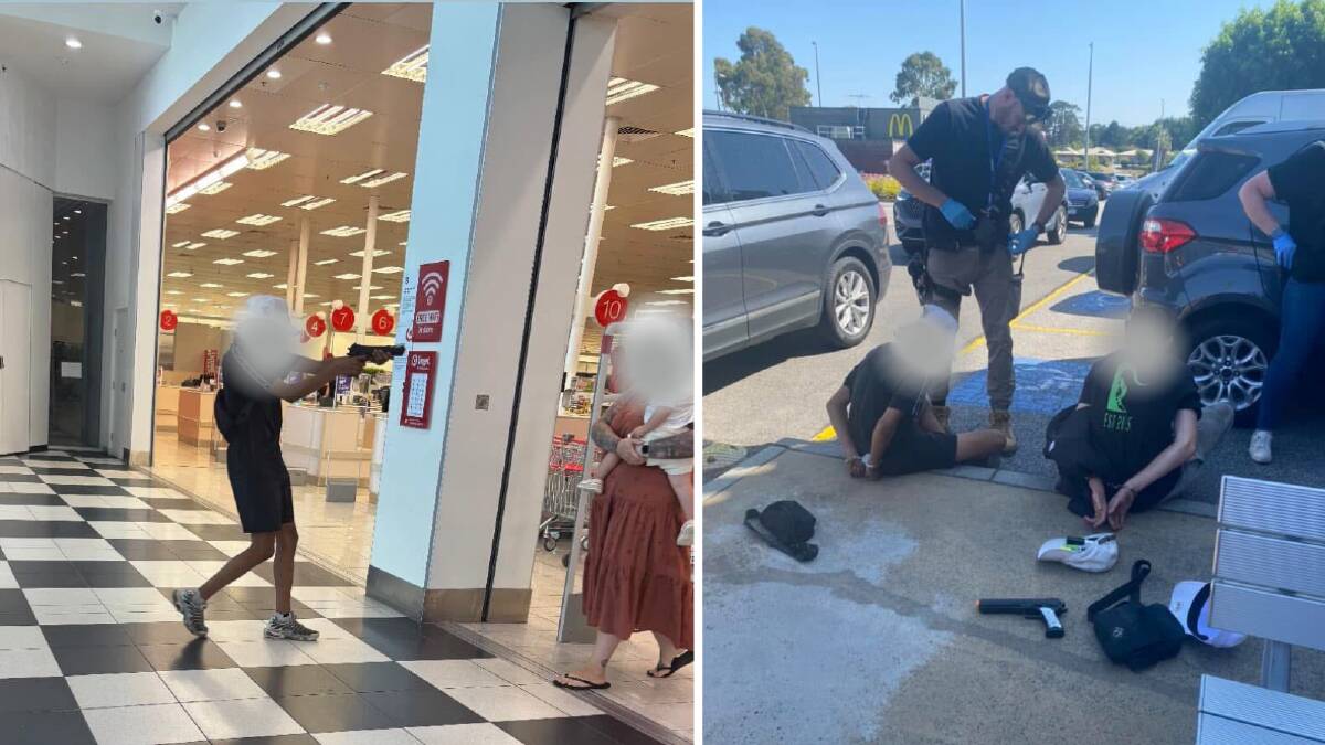 A teen allegedly pointing an imitation firearm at a mother and child (left) and a 14-year-old and 16-year-old arrested outside the Somerville shopping centre. Pictures X/supplied A teen allegedly pointing an imitation firearm at a mother and child (left) and a 14-year-old and 16-year-old arrested outside the Somerville shopping centre. Pictures X/supplied