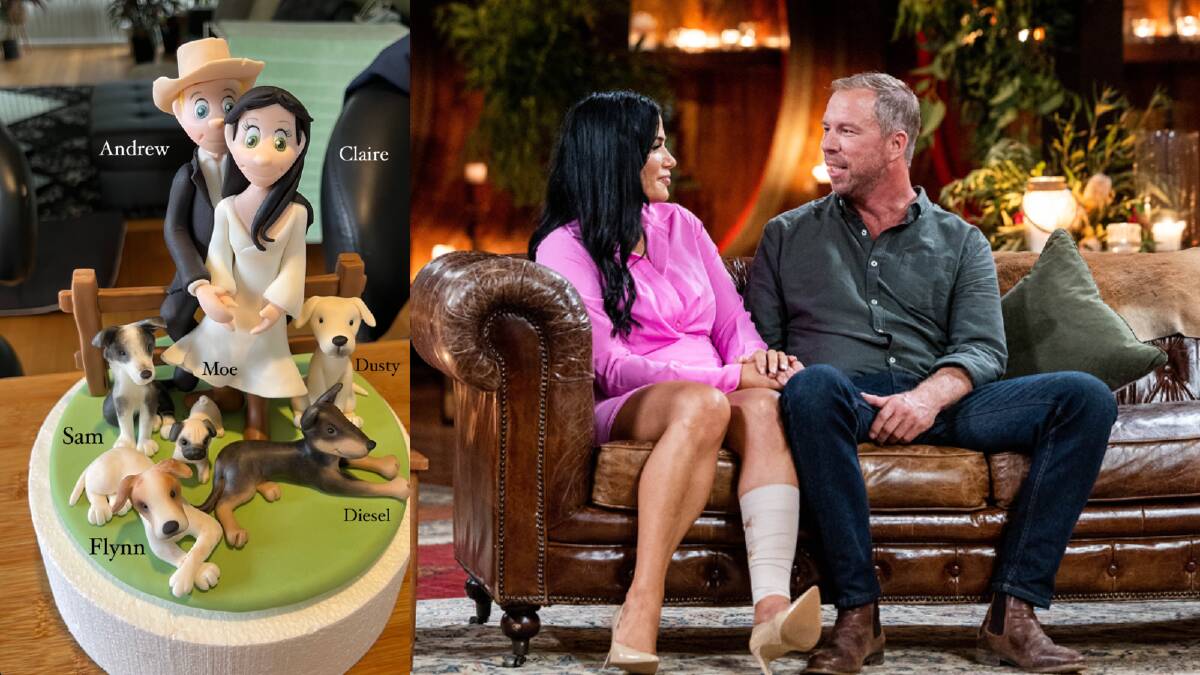 A cake topper with Claire Saunders, Andrew Coleman and their dogs (left) and the couple on Farmer Wants a Wife (right). Picture Instagram/Seven