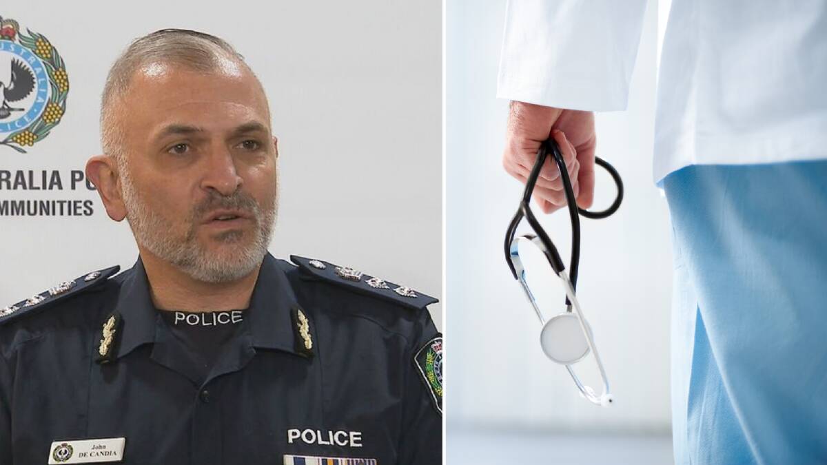 Acting assistant commissioner John DeCandia briefing media on the arrests (left) and a doctor holding a stethoscope (right). Picture Nine/Canva