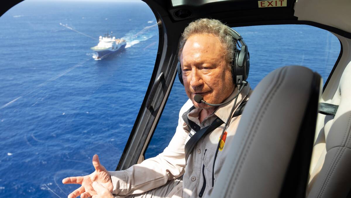 Andrew Forrest led an expedition that observed ships like the one in the background conducting seismic testing for Woodside's Scarborough gas project off the Pilbara coast. Source: Mindaroo Foundation 