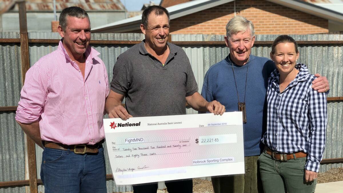Supporting charities: Darkie Barr Smith, Tom Barr Smith and Jess Barr Smith accepting cheque on behalf of FightMND from Russell Parker. All photos: supplied