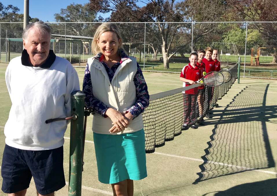 TENNIS BOOST: Maurice Tynan and Sussan Ley with Sienna Sherman, Max Tallent, Toby Hunt and Paige McKinnie pictured at Burrumbuttock. 