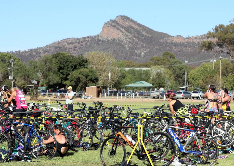 PERFECT ATMOSPHERE: The transition area at The Rock Recreation Ground for the town's triathlon on Sunday. 