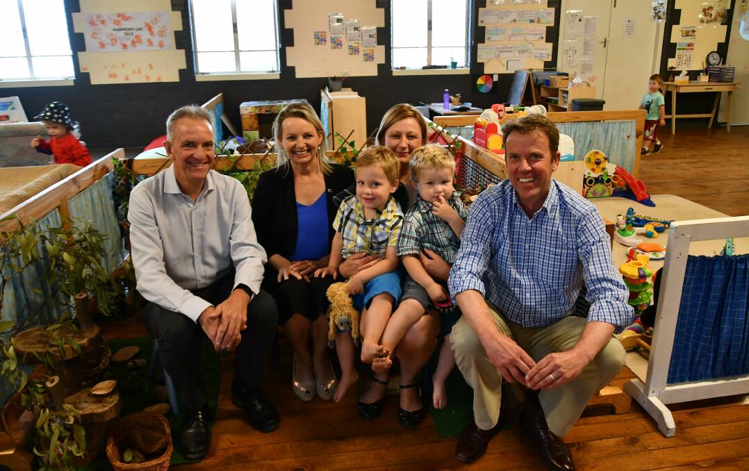 HENTY FOCUS: David Smith Greater Hume Council, Sussan Ley Member for Farrer, Susan Kilo with twins Tommy and Freddie, Dan Tehan Minister for Education. Picture: Lorri Roden