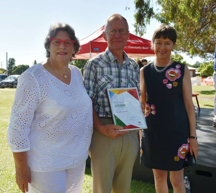 LOOKING BACK: Citizen of the Year Jeff Grosse is congratulated by Mayor Heather Wilton and Australia Day Ambassador Penny Cook at the Greater Hume celebrations in 2017. Picture: Lorri Roden 