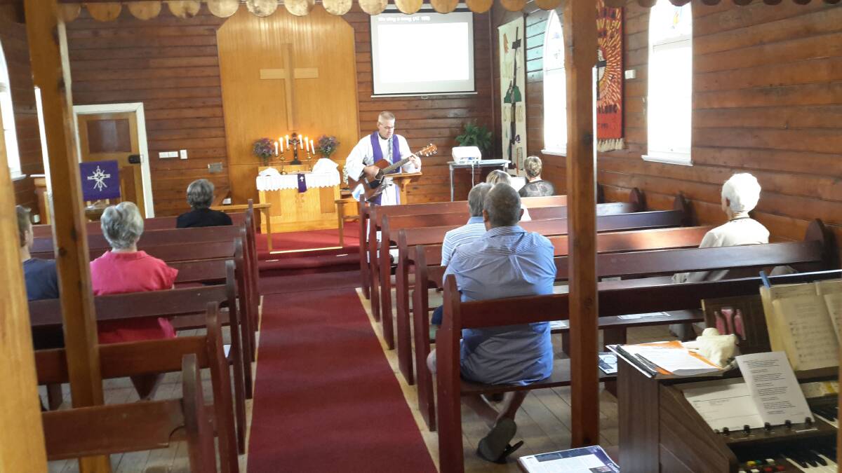 SOCIAL DISTANCING: Congregation members at Milbrulong Lutheran Church pictured on Sunday before halts to worship gatherings were announced. Picture: Supplied