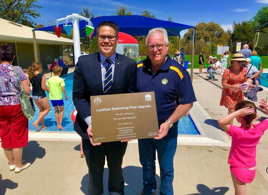 SPECIAL DAY: Wagga Nationals MP Wes Fang is pictured with Lockhart Shire Council mayor Rodger Schirmer at the pool opening. 