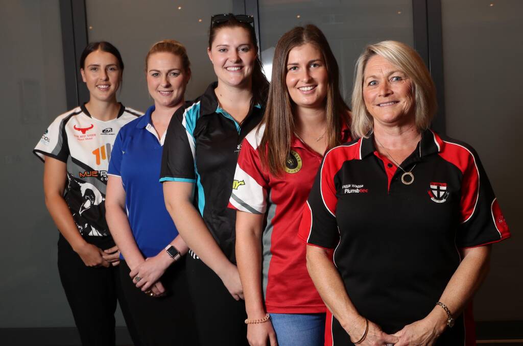 READY TO GO: TRYC's Emily O'Leary, Temora's Jess Pike, Northern Jets' Ebony Worland, CSU's Melanie Guttler and North Wagga's Maree Watt at the AFL Riverina season launch this week. Picture: Les Smith