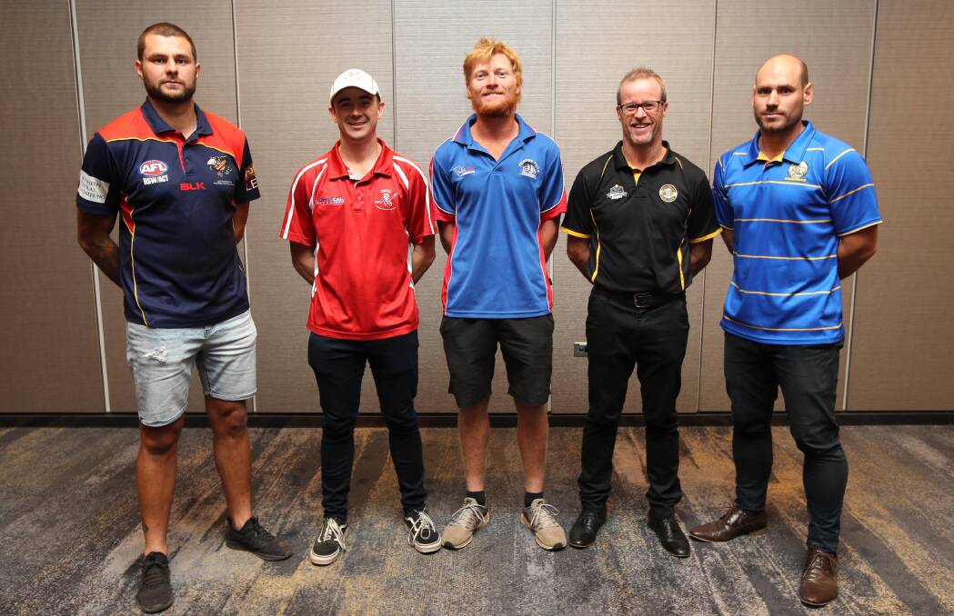 Leeton-Whitton's Daniel Muir, Collingullie-Glenfield Park's Jimmy Kennedy, Turvey Park's Jeremy Sykes, Wagga Tigers' Troy Maiden and MCUE's Jeremy Rowe at last week's AFL Riverina season launch. Picture: Les Smith