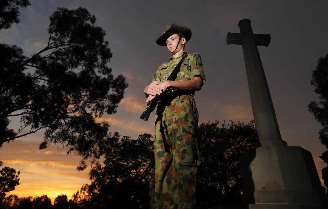LEST WE FORGET: Corporal Hayden Riley of the 219 Australian Cadet Unit forms part of the catafalque party during the 2018 dawn service in Wagga. Picture: Les Smith
