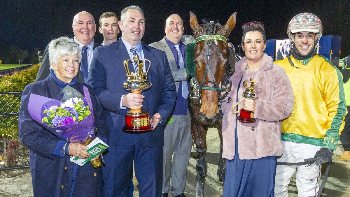 SPECIAL MOMENT: The Johnson family celebrates Maajida's Breeders Crown victory with trainer Emma Stewart and driver Greg Sugars last season. Picture: HRV Trots Media, Stuart McCormick