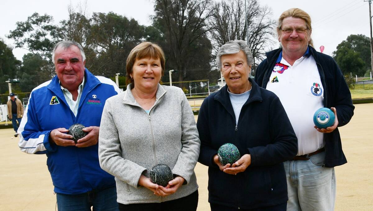 A DAY ON THE GREENS: Allan Pantling, Deidre Corcoran, Marion Drue and Greg Abbey at Culcairn Bowling club last week.