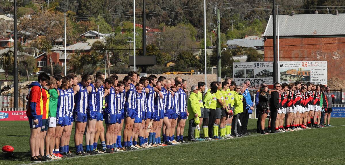 Farrer League grand finalists Temora and Marrar line up ahead of the premiership decider at Robertson Oval in September. Picture: Les Smith