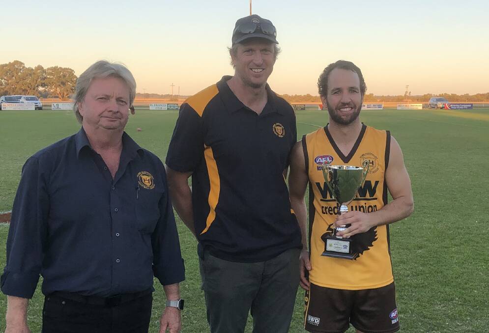 Hume League president Brendan I'Anson with coach Piltz and captain Marty Bahr. Picture: Peter Doherty