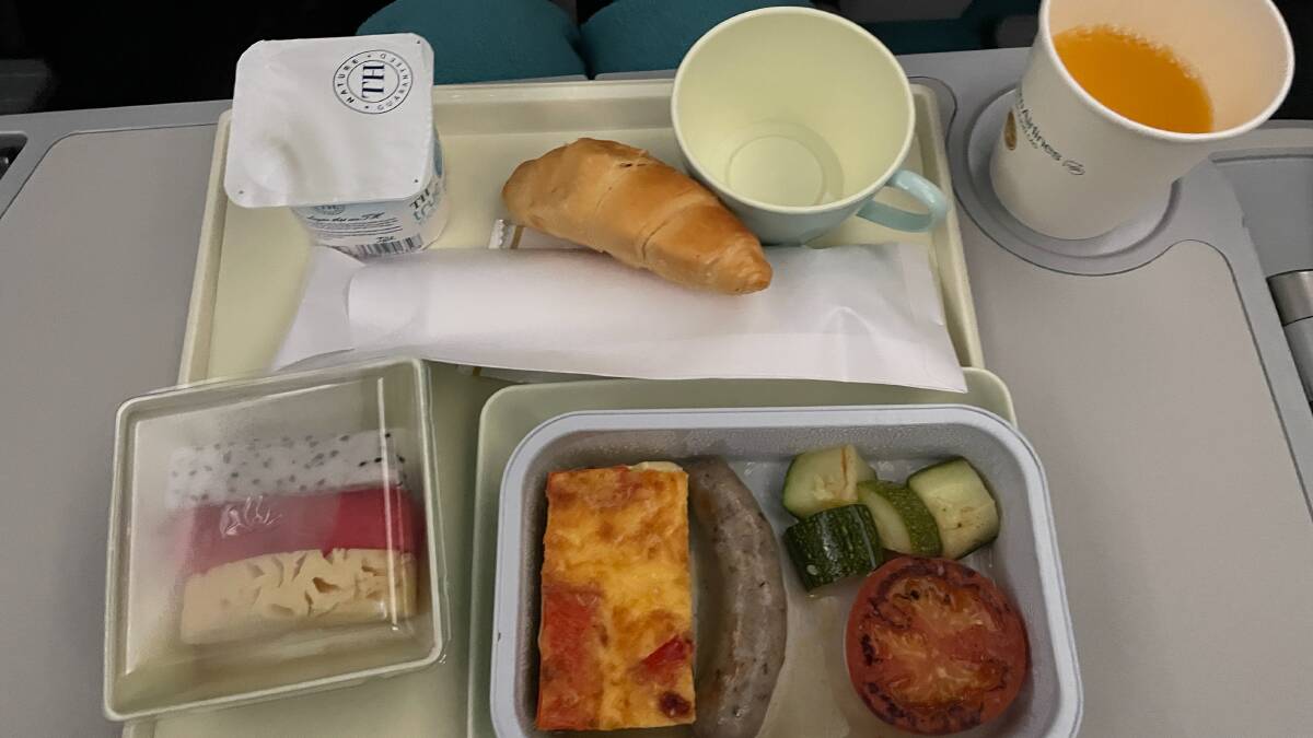 Breakfast in premium economy. Picture: Sarah Falson Breakfast in premium economy. Picture: Sarah Falson