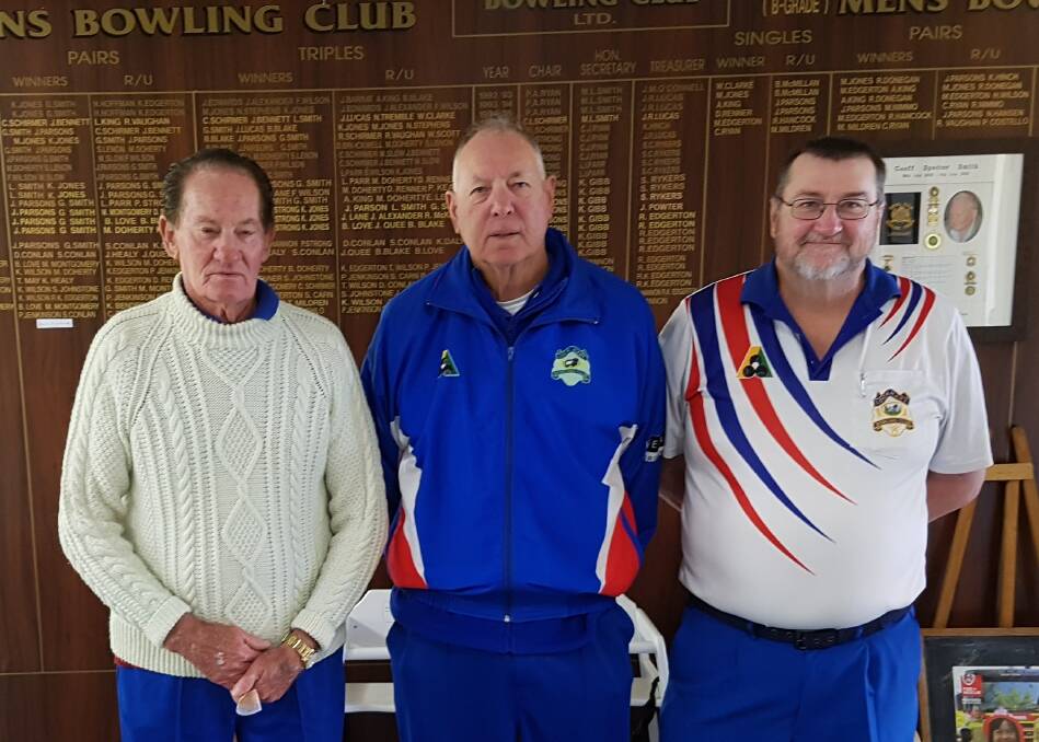 LOCKHART LEGENDS: Triples winners Ken Smith (lead), Max Montgomery (second) and Bruce Rayner (skip). Picture: Contributed