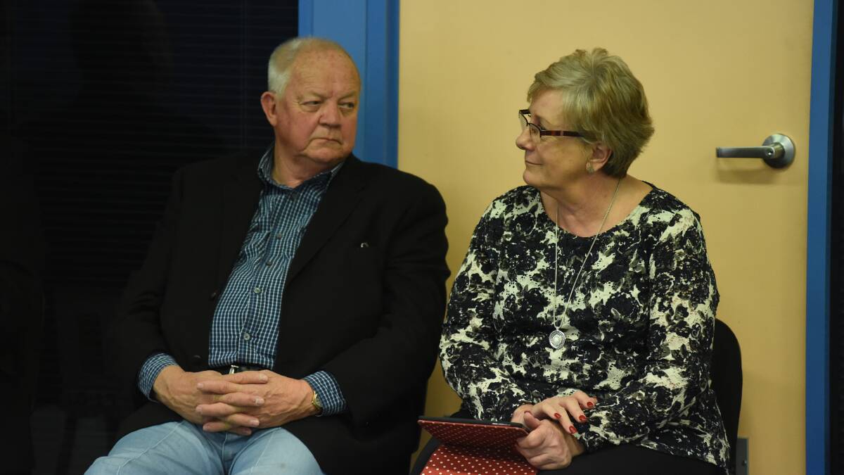 Waiting for the draw: Greater Hume Council election candidates Peter Knight and Denise Osborne at the electoral commission's ceremony on Wednesday. Picture: MARK JESSER
