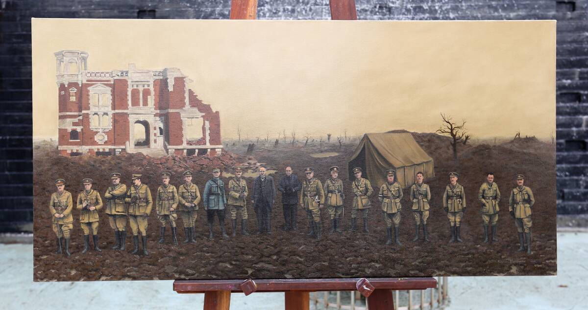 History on the canvas: Kieren Marcombe's painting of generals and French politicians who gathered at Villers-Bretonneux on August 11, 1918. The moustache-wearing John Monash is next to French prime minister Georges Clemenceau close to the centre of the line-up. Wagga-born Thomas Blamey, who later became a field marshal, is the left most. 