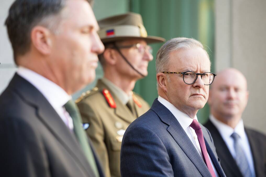 Defence Minister Richard Marles, Chief of the Defence Force Angus Campbell, Prime Minister Anthony Albanese and Defence secretary Greg Moriarty. Picture by Sitthixay Ditthavong