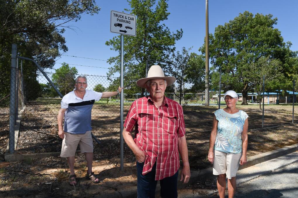 MOVE IT: Balfour Street residents Nigel Preston, Alan Wilson and Sandra Robertson welcome an RV dump point in Culcairn, but say it shouldn't be in a car park nearby the pool in part due to safety reasons. Picture: MARK JESSER