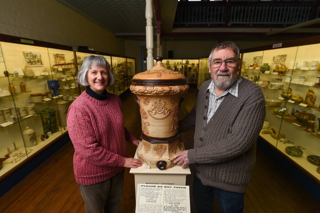 RARE: The National Museum of Australian Pottery directors Kerrie and Geoff Ford have acquired a salt-glazed water filter manufactured in 1838 in London, "expressly for the Colony" and sold in Sydney soon after. Picture: MARK JESSER