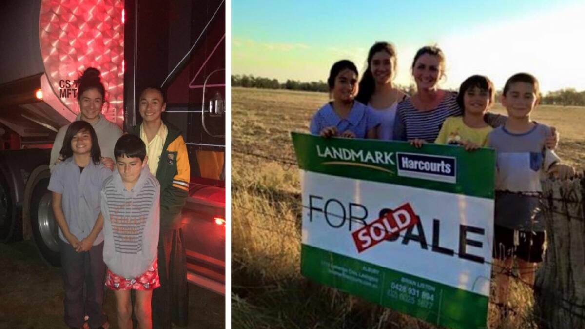 HOPING FOR RAIN: Teila, Jasmine, Noah and Levi Tuala after their family were given a load of water by a generous donor and (right) with their mum Ashleigh when the family bought their Henty property. Pictures: Supplied