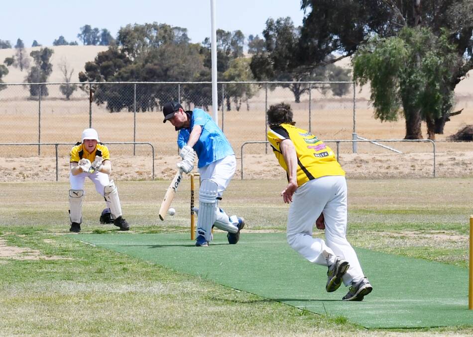 SWINGING: The Rock Yerong Creek's Aiden Ridley plays a shot in his side's narrow defeat at Osborne. Ridley made a total of 58 runs to go with Todd Hannam's 66, but it wasn't quite enough. Picture: LORRI RODEN