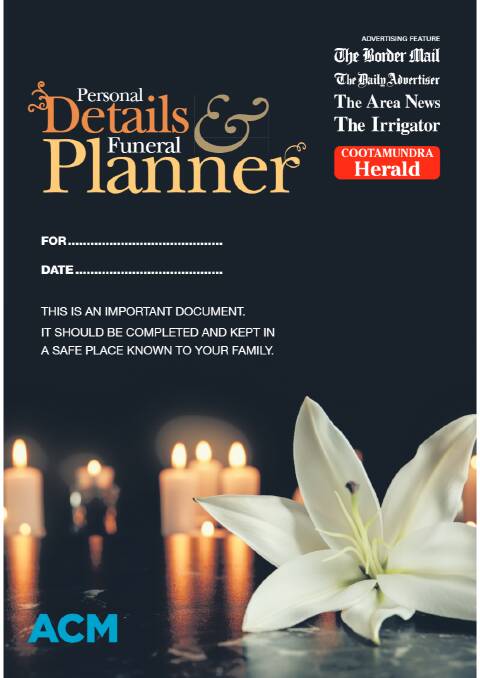 View the ACM Personal Details and Funeral Planner by clicking above. Pick up your copy today by phoning Rebecca on (02) 6938 3326. 