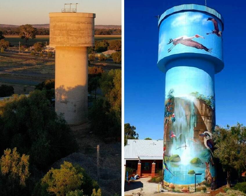 LEFT: Yerong Creek's water tower on the left is in the running for government funding for a mural project. RIGHT: The painted water tower in Lockhart has become an icon and a landmark for the town, as well as a tourist drawcard.