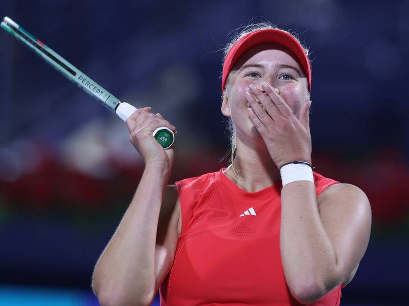 Clara Tauson of Denmark can scarcely believe she has beaten world No.1 Aryna Sabalenka in Dubai. Photo: EPA PHOTO Clara Tauson of Denmark can scarcely believe she has beaten world No.1 Aryna Sabalenka in Dubai. Photo: EPA PHOTO