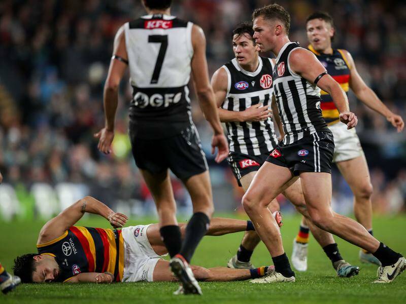Adelaide's Izak Rankine was knocked out during a clash with Port Adelaide's Dan Houston. Photo: Matt Turner/AAP PHOTOS Adelaide's Izak Rankine was knocked out during a clash with Port Adelaide's Dan Houston. Photo: Matt Turner/AAP PHOTOS