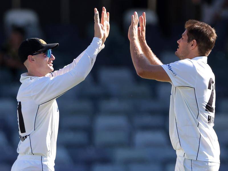 It's high-fives as Cameron Bancroft (l) takes another five catches at second slip for WA. (Richard Wainwright/AAP PHOTOS)